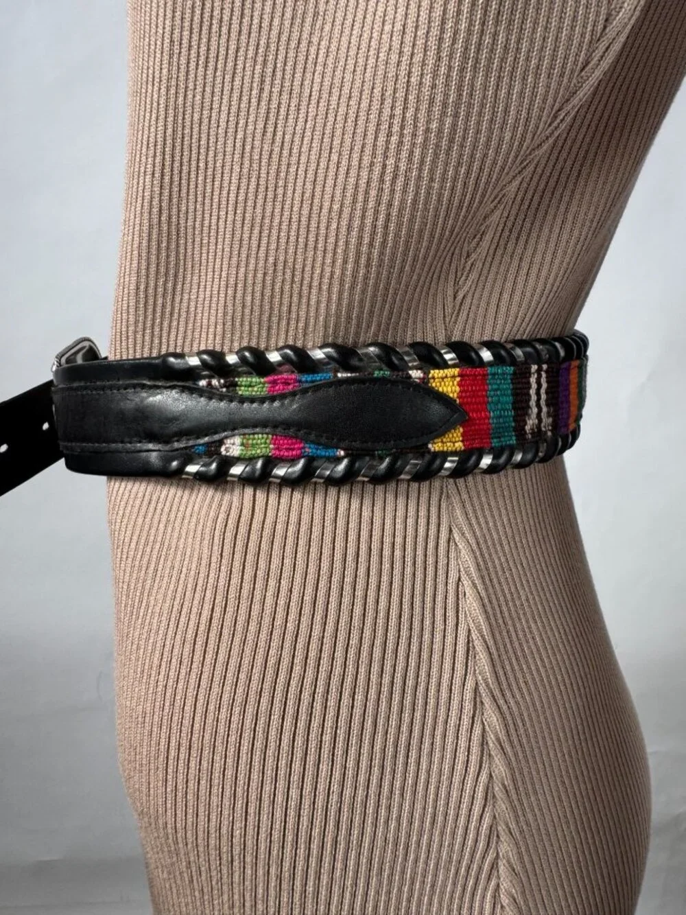 Handcrafted Leather Belt With Colorful Woven Inlay & Silver Buckle - Size 32